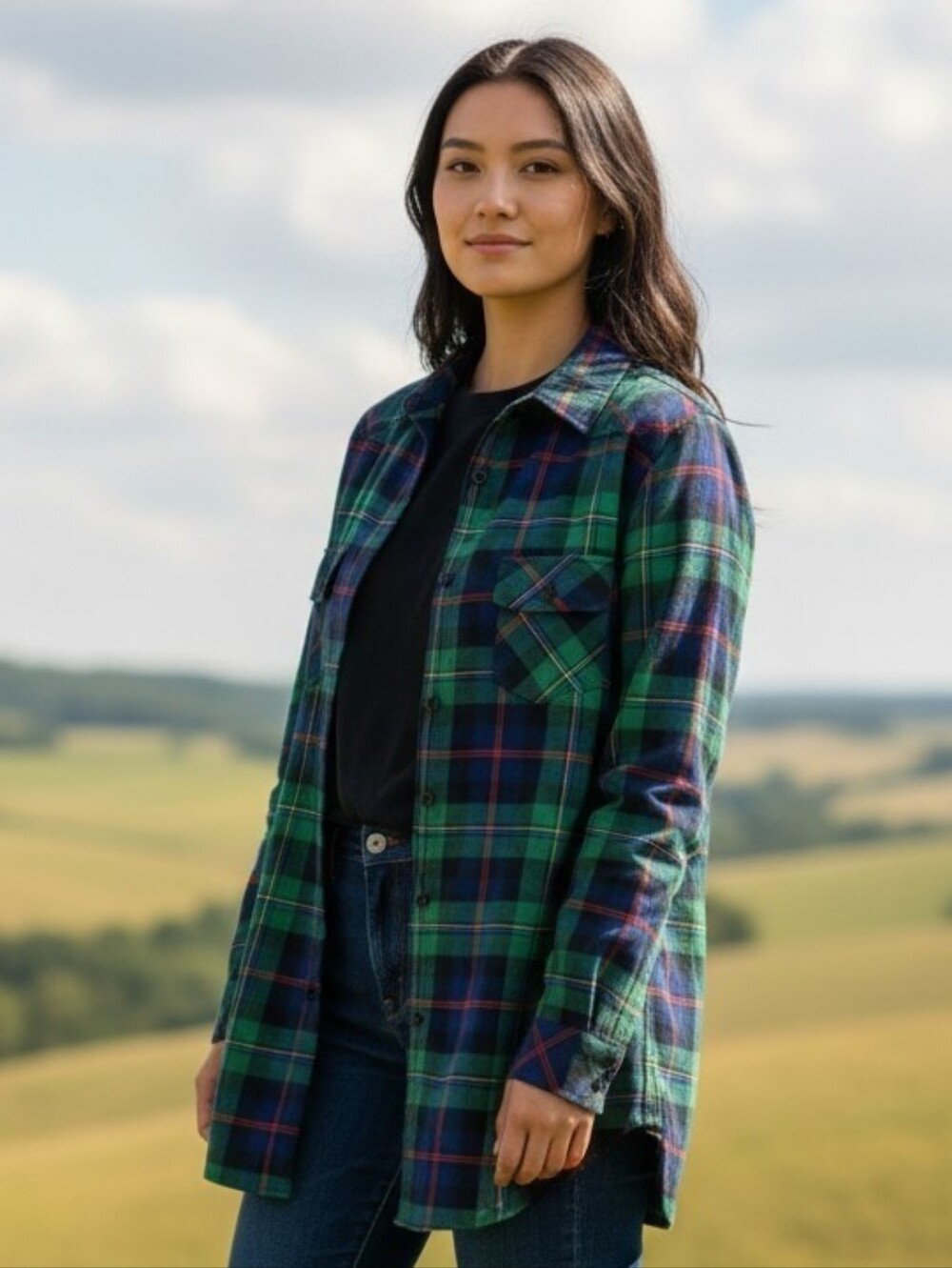 Women’s Green Plaid Button-Up Shirt Jacket 3101